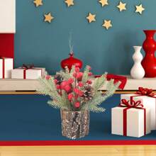 10.63 Inches Tabletop Christmas Tree Snow Flocked Small Artificial Tree With Pinecone Berries Desk Decor For Fireplace Home Party - Red - View 4