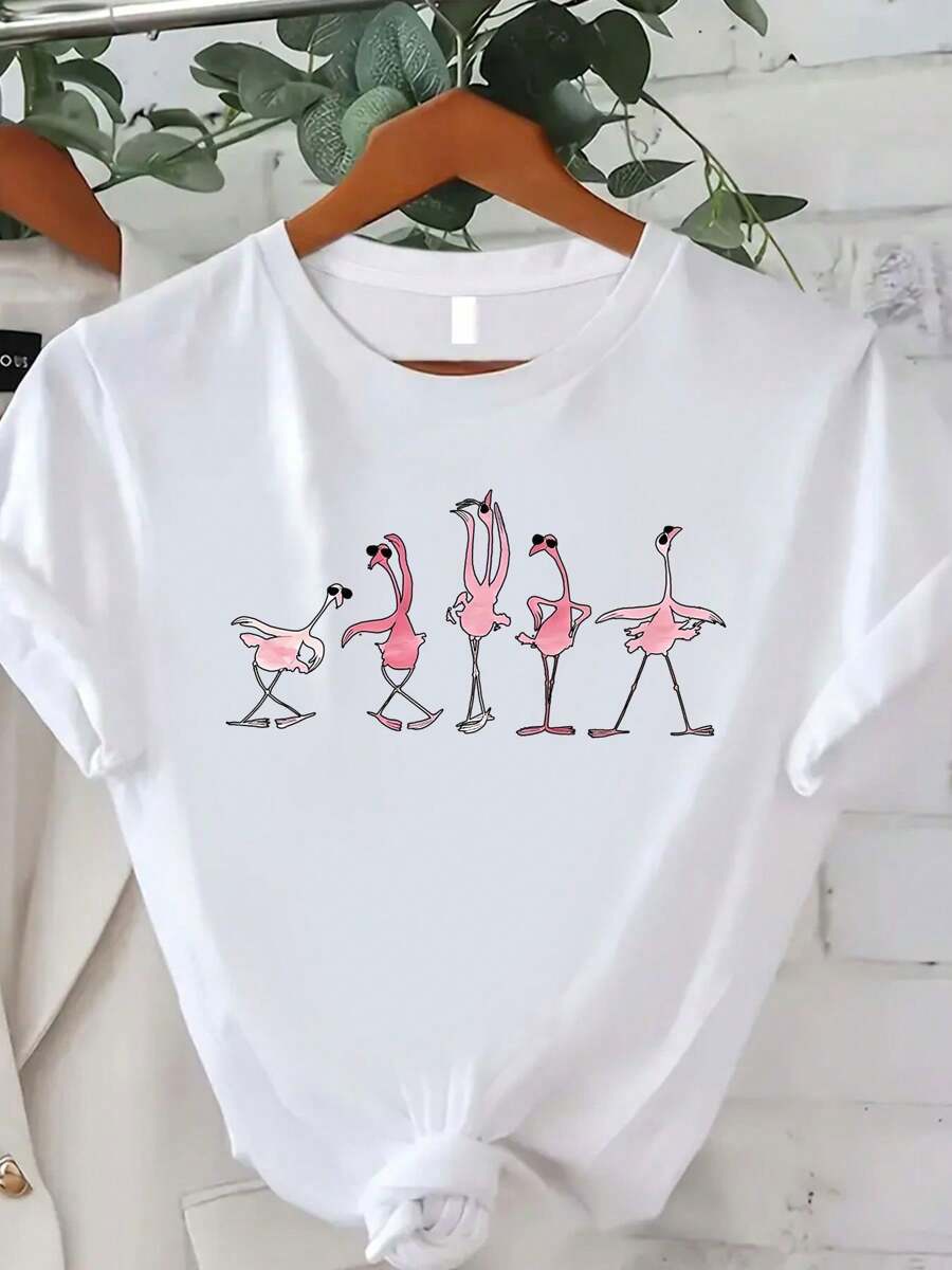 Flamingo Print Women's T-Shirt, Summer Women's Fashion, Casual, Comfortable, Soft, Athletic, Fitness, Daily Outdoor, Breathable Crewneck Short Sleeve T-Shirt - 白色 - 查看 1