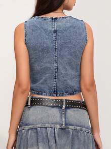 Women Y2K Button Down Denim Vest Vintage Sleeveless V Neck Jean Corset Crop Tank Top Fitted Cowgirl Streetwear - 藍色 - 查看 9