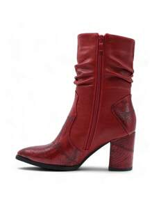 2025 Autumn/Winter, Fashionable Retro Snake Skin Embossed Pointed Toe Chunky Heel Ankle Boots, Outdoor, Warm, Classic, Winter - Burgundy - View 6