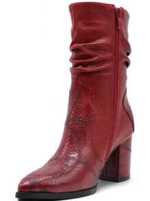 2025 Autumn/Winter, Fashionable Retro Snake Skin Embossed Pointed Toe Chunky Heel Ankle Boots, Outdoor, Warm, Classic, Winter - Burgundy - View 7