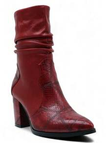 2025 Autumn/Winter, Fashionable Retro Snake Skin Embossed Pointed Toe Chunky Heel Ankle Boots, Outdoor, Warm, Classic, Winter - Burgundy - View 3