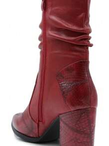 2025 Autumn/Winter, Fashionable Retro Snake Skin Embossed Pointed Toe Chunky Heel Ankle Boots, Outdoor, Warm, Classic, Winter - Burgundy - View 8