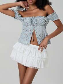 Women Y2k Lace Ruffle Bloomer Skirt Frill Tiered Solid Color Short Skirts Cute Layered Flowy A Line Mini Low Waist Short Skirt - 白色 - 查看 7