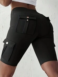 Plus Size Women Solid Color Pocket Design Sports Yoga Shorts - Black - View 2
