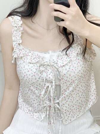 蝴蝶结带碎花荷叶边吊带背心