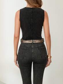 Women Y2K Button Down Denim Vest Vintage Sleeveless V Neck Jean Corset Crop Tank Top Fitted Cowgirl Streetwear - Màu xám đen - Xem 8