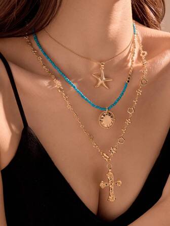 1pc Women's Retro 18K Gold Cross, Starfish & Turquoise Beads Long Necklace, Can Be Worn Individually Or Stacked, Comes With Velvet Pouch