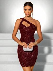 Fuaheng Diamond Neckline Backless Sequin Elegant Dress - Burgundy - View 5
