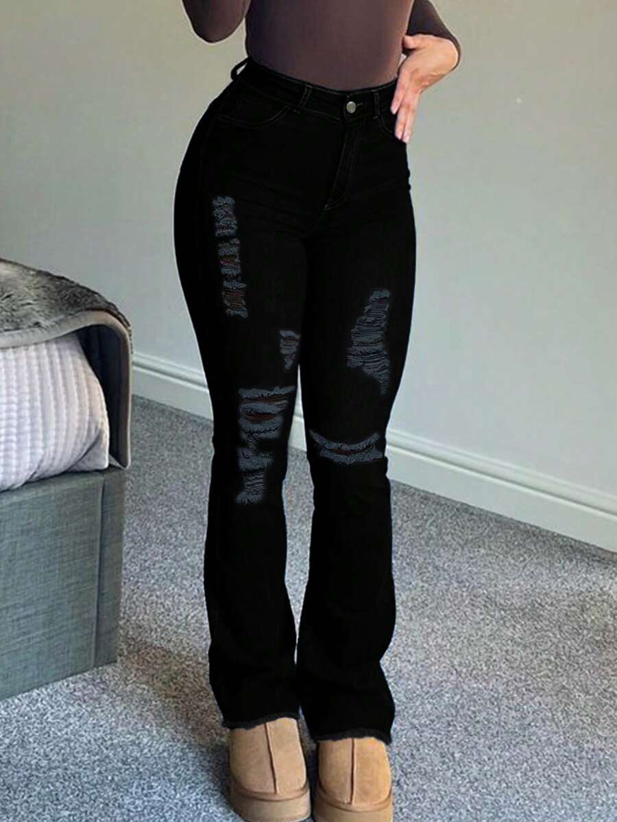 Cross-Border Europe And The United States Waist Tight Elastic Casual Sexy Hole Raw Hem Women's Denim Flared Pants. - 黑色 - 查看 1