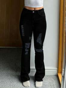 Cross-Border Europe And The United States Waist Tight Elastic Casual Sexy Hole Raw Hem Women's Denim Flared Pants. - 黑色 - 查看 3