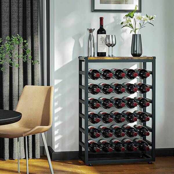 Boden-Weinregal für 30 Flaschen mit Holzplatte, freistehendes Weinflaschen-Organizer-Regal mit 6 Ebenen, stabiler Flaschenständer aus Metall für die Speisekammer in der Küche (L 59 x B 30 x H 88 cm)