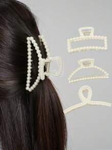3 件装极简主义超大发爪发夹，珍珠装饰蝴蝶结爪夹，适合马尾辫、发髻 - 白色 - 查看 6