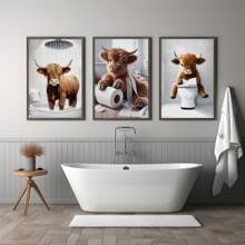 1/3 件苏格兰高地牛趣味浴室家居装饰、农场动物幽默、异想天开的高地牛爱好者礼物、牛壁画、无框 - 彩色 - 查看 1