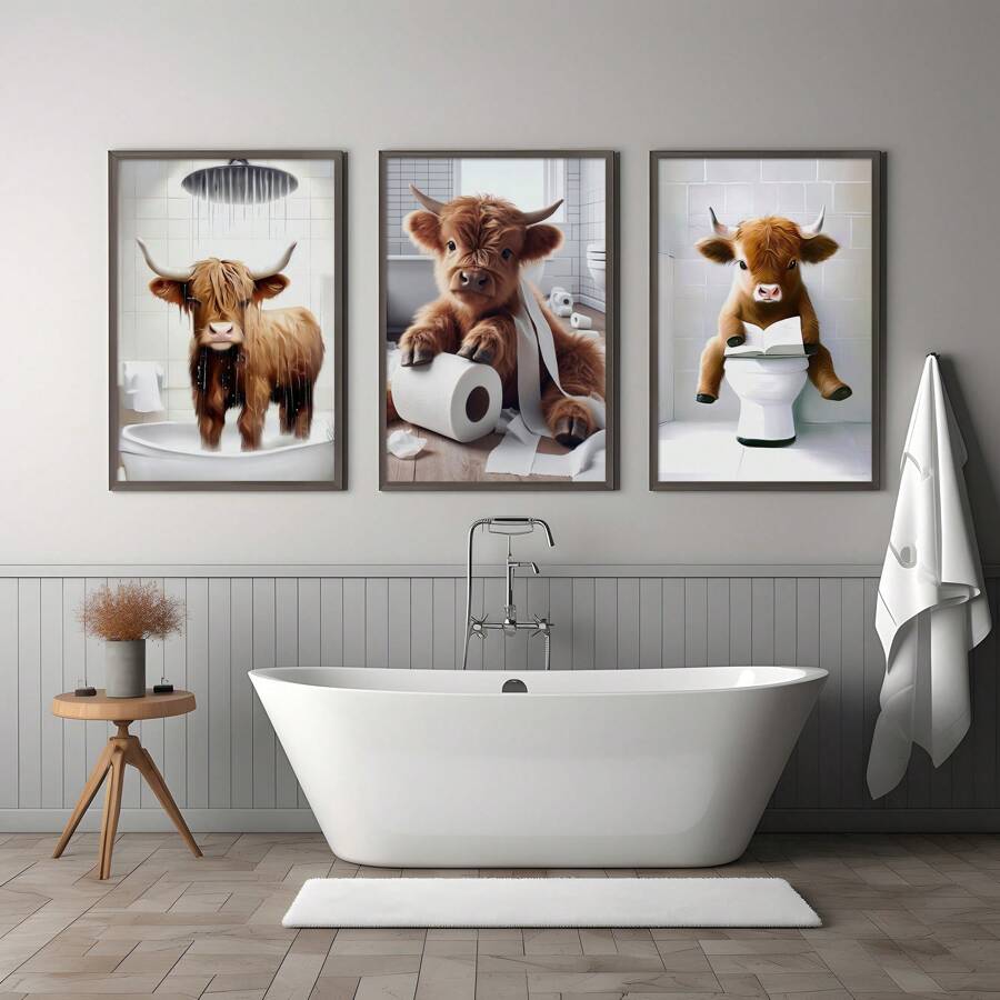 1/3 件苏格兰高地牛趣味浴室家居装饰、农场动物幽默、异想天开的高地牛爱好者礼物、牛壁画、无框 - 彩色 - 查看 1