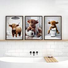 1/3 件苏格兰高地牛趣味浴室家居装饰、农场动物幽默、异想天开的高地牛爱好者礼物、牛壁画、无框 - 彩色 - 查看 4