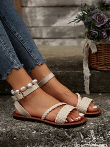 Tropiscape Women's Summer New European And American Style Criss-Cross Metal Buckle Fashion Casual Woven Solid Color Open Toe Slip-On Beach Sandals, Flat Beach Autumn Winter Gifts Cottagecore,SummerOutfit - Beige - View 6