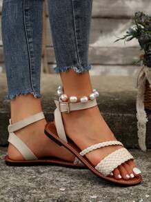 Tropiscape Women's Summer New European And American Style Criss-Cross Metal Buckle Fashion Casual Woven Solid Color Open Toe Slip-On Beach Sandals, Flat Beach Autumn Winter Gifts Cottagecore,SummerOutfit - Beige - View 8