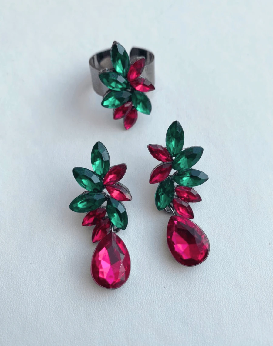 Emerald Green Navy Blue Fuchsia Party Earring And Ring - hoa vân anh - Xem 1