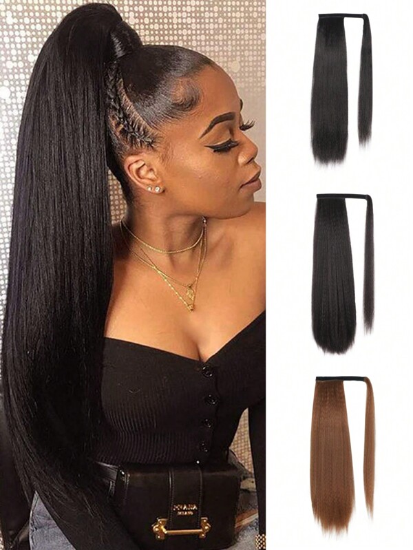Extensión de cola de caballo sintética recta y elegante para mujer, con textura Yaki y cierre con cordón, una pieza versátil para todo tipo de usuarios - Disponible en múltiples tonos