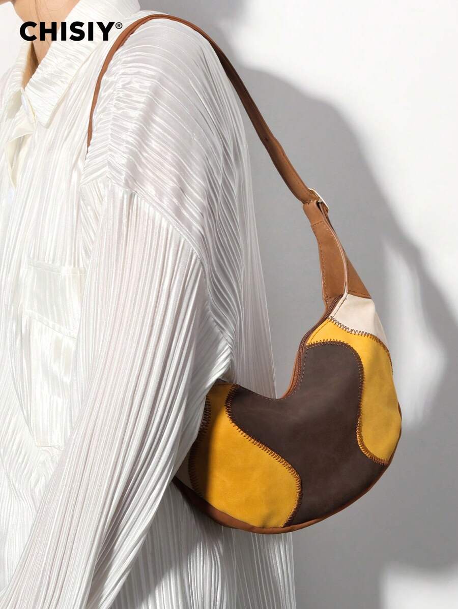 Bolsos Para Mujer Original Handmade Bologna Fashionable Patchwork Art Color Block Large Capacity Multi-Color Crescent Tote Bag, Casual Business Lady Commute Bag, Elegant Design Shopping Multi-Function Shoulder Bag, Valentine's Day/New Year Gift, Suitable For Work Commute, Shopping, Travel, Autumn/Winter - Multicolor - View 1