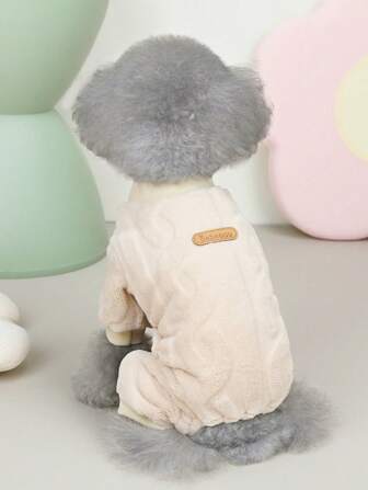 1入組卡其色麻花編織寵物四足搖粒絨套頭衫,合適適用於貓和小狗,適用於日常穿著