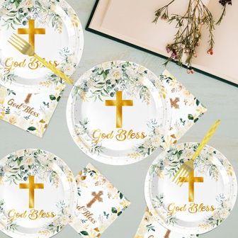 10/20pcs Gold Blessing Cross & Floral Theme /Christening Party Set, Cross Themed Birthday Party Decorations, Includes 7"/9" Party Plates, Napkins, Cups