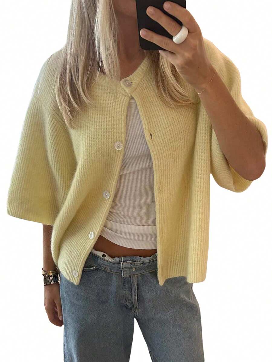 Women Y2K Solid Color Cardigan Short Sleeve Round Neck Button Down Sweater Knit Crop Tops For Spring Summer - Màu vàng - Xem 1