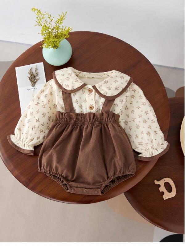 2 Stücke Baby Mädchen 2024 Herbst Set mit Blumenmuster, bestehend aus Top mit Peter Pan Kragen und Latzhose