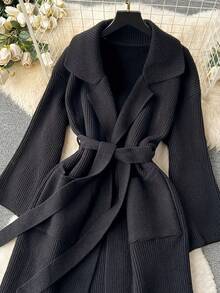 女士优雅简约针织开衫，长款宽松休闲版型，配腰带，时尚针织长款外套，通勤休闲皆宜，新年穿搭，女士街头时尚 - 黑色 - 查看 4