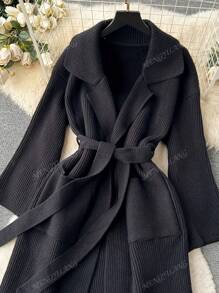 Elegant Minimalist Sweater Cardigan For Women, Long Oversized Loose Belted Style, Fashionable Knit Outerwear Coat, Suitable For Spring,Autumn,Winter