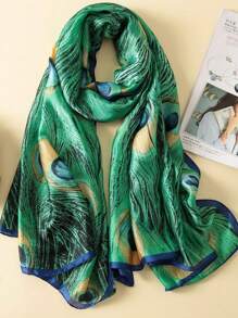 FADZOYLE 1 件 180*90 厘米时尚优雅女士围巾，柔软绿色孔雀羽毛印花头巾披肩，防晒旅行雪纺围巾 - 綠色 - 查看 3