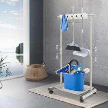 Broom And Mop Holder Cleaning Supplies Organizer Mop Organizer Height Adjustable 34.3-51.2in Freestanding Broom Holder W/4 Lockable Universal Wheels 5 Slots 6 Hooks For Home Restaurant Hotel