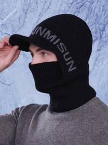 1pc Men's Autumn/Winter Letter Cycling Neck Warmer & Beanie Set, Casual Windproof Knitted Embroidered Ski Hat