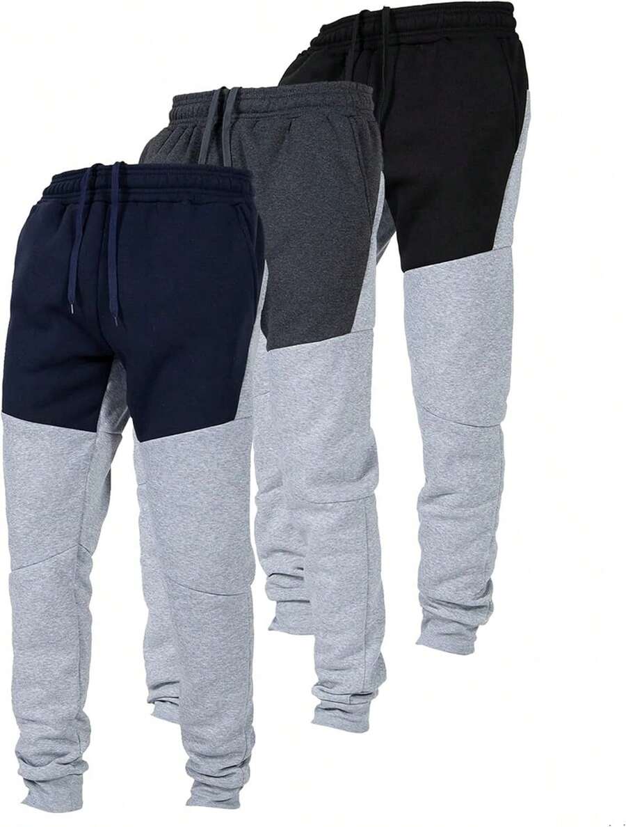 3 Pack Fleece Active Tech Joggers For Men, Mens Sweatpants With Zipper Pockets - Color Block Navy / Color Block Black / Color Block Charcoal - View 1