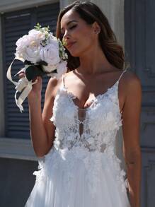 A-Line Beige Wedding Dresses With Mesh 3D Flowers Appliques And Flowing Open Back For Bridal,Bride - Beige - View 6