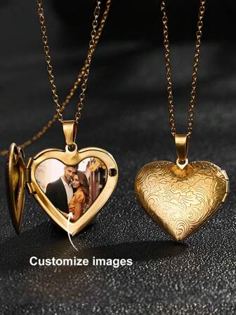 Customized Necklace, Women Stainless Steel Heart Shaped Necklace, Vintage Floral Engraved Frame Box Design, Couples Necklace, Fashionable & High-Quality Valentines