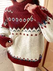 女士高领红色毛衣，厚实舒适的针织套头衫，冬季时尚