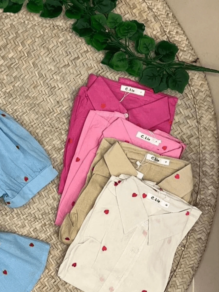Women's Heart Embroidered Shirt - 玫瑰紅 - 查看 1