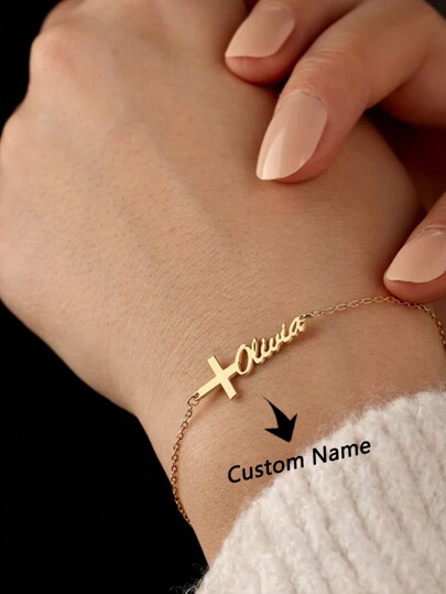 Pulseira com placa de identificação personalizada, 1 peça, pulseira de aço inoxidável com nome personalizado em cruz para mulheres, pulseira com pingente de assinatura feita à mão com contas de oração islâmicas ajustáveis, presente religioso cristão, presente para festa/Ramadã/Natal/Dia das Mães