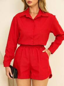 Women's Linen Shorts And Shirt Set - Red - View 4
