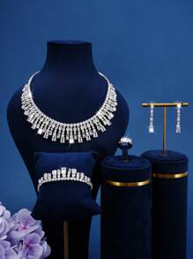 5pcs Set Luxury Square Cubic Zirconia Jewelry Set With Shiny Tassel, Including Necklace, Earrings, Ring, Bracelet, Suitable For Women, Wedding, Party, Birthday, Formal Dress Accessories