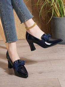 Tacones de punta simple, zapatos de trabajo de cuero versátiles, tacones altos tipo mocasín con tacón grueso para mujer, elegantes, para primavera/otoño - Azul Marino - Ver 8