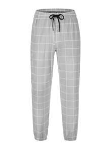 Men's Stretch Check Trousers Casual Drawstring Pants With Pockets - Light Grey - View 4