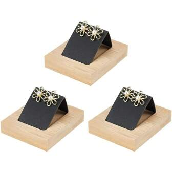 3Pcs Wood Earrings Display Stand Wooden Base With PU Leather Ear Stud Holder Jewelry Display Collectible Organizer Single Pair Earring Stand Storage For Women Selling Engagement Wedding,Home Decor ,Room Decor
