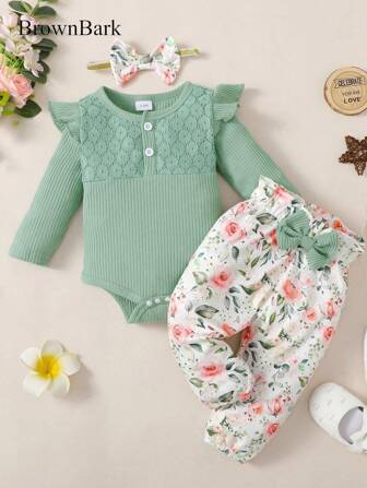 BrownBark 3-delat set med casual outfits för babyflicka, enfärgad långärmad topp och små blommiga byxor med rosettdekor, lämpligt för vår-/höstbruk