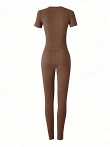 修身短袖高腰紧身长裤休闲套装 - 棕色 - 查看 2