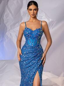 Luxury Blue Sequin Mermaid Formal Evening Gown, High Slit Design, Suitable For Balls, Parties, Weddings, Graduations, Galas And Other Occasions - Blue - View 8