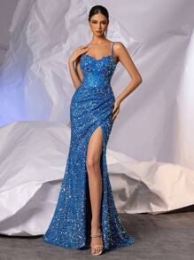Luxury Blue Sequin Mermaid Formal Evening Gown, High Slit Design, Suitable For Balls, Parties, Weddings, Graduations, Galas And Other Occasions - Blue - View 7