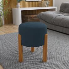 Kit 2 Round Upholstered Poufs With Wooden Feet Elegant Pouf Stool - Navy Blue - View 2
